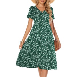 Berydress Women's Casual Summer Tiered Midi Dress Short Sleeve V-Neck Cotton Ruffle Floral Dress Boho Sundress (L, 6175-Green Floral)