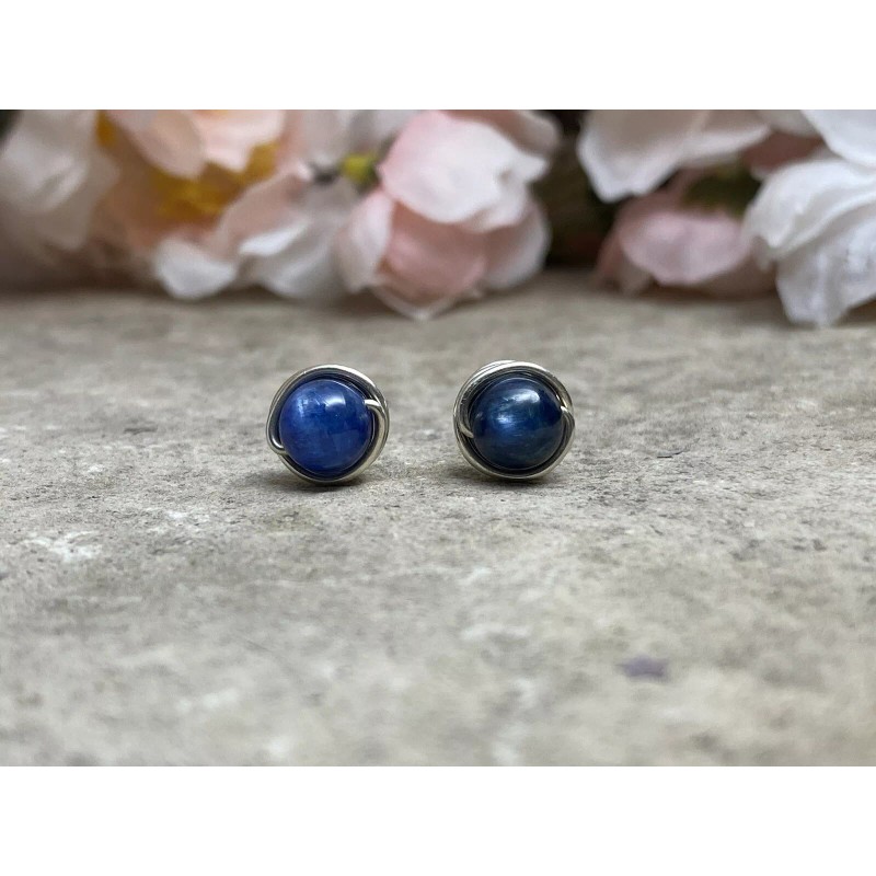Handmade Sterling Silver Kyanite Stud Earrings, Blue Gemstone Post Earrings