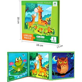 37-Piece Magnetic Puzzles for Children - Wooden Animal Magnetic Puzzles 3 in 1 Animal Jigsaw Puzzles Book Educational Travel Toy for Children 3-6 Year Olds