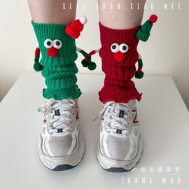 Cute Women's Angora Red Christmas Gift Slipper Socks with Playful Magnetic Handle LF1052 One Size / Christmas Green - FREE (approx. 32cm) 10ea