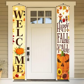 BlissYard Fall Welcome Door Banner 12x71 Inch Happy Fall Yall Vertical Hanging Banner Pumpkin Scarecrow Porch Decoration Autumn Harvest Thanksgiving Indoor Outdoor Seasonal Wall Display