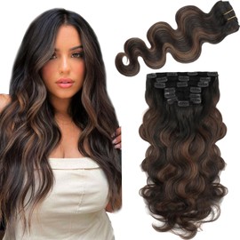 Sassina Clip in Hair Extensions Human Hair Body Wave Clip in Real Human Hair Extensions Two Tone Natural Black to Chocolate Brown Remy Soft Human Hair Extensions Full Head 7Pcs 120G 16 Inch