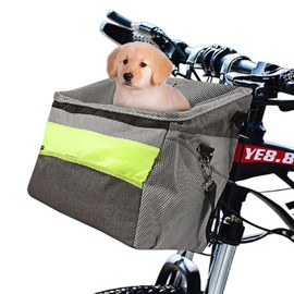 Dog Bike Basket Expandable Soft-Sided Pet Carrier Backpack for Small Dogs Cats Puppies Breathable Mesh Windows, Safety Leash & Reflective Tapes for Biking Hiking Travel Grey