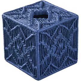 Klein Blue Woven Macrame Boho Square Tissue Box Cover, Resin Tissue Box Holder for Bathroom Countertop, Vanity, Tabletop, Bedroom Night Stand, Office and Living Room Decorative