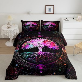 jejeloiu Sun and Moon Comforter Set Queen Size Kids Colorful Boho Exotic Comforter for Boys Girls Teens Bohemian Bedding Set Breathable Tree Duvet Set Room Decor Quilt Set Bedclothes