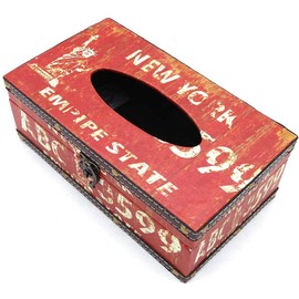 POFET Vintage Chic Shabby Wooden Tissue Box Holder Rectangle Handcraft Tissue Paper Box Cover Napkin Organizer Holder Home Storage Room Office Car Decoration with Metal Lock - New York