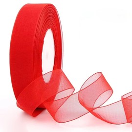 MUWOOB 1 inch Red Organza Ribbon, 50 Yard Sheer Chiffon Ribbon for Gift Wrapping, Transparent Tulle Ribbon for Holiday Presents, Birthday Cards, Wedding Party Decoration, Hair Bows Making