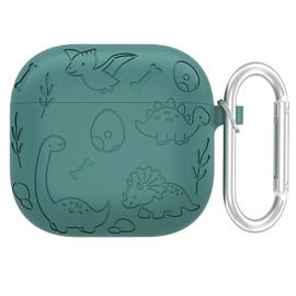 Mouzor for AirPods 4 Case, Cute AirPods 4th Generation (2024) Case, Engraved Dinosaur Pattern Pine Green Soft Silicone 3D Cartoon Animals Shockproof Charging Cases Cover with Carabiner