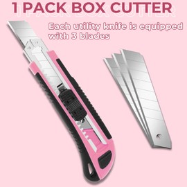 TIFICAL Box Cutter, Box Cutter Retractable Self Loading, Heavy Duty Utility Knife, 18mm-Wide Blade Knife, Box Opener Tool with Rubber Handle, Retractable Paper Exacto Knife, Pink