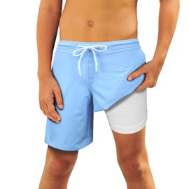 QRANSS No Mesh Liner Anti Chafe Boys Swim Trunks Size 14-16 with Boxer Brief Liner Quick Dry Beach Swimming Shorts Swimwear Swimsuit Light Blue