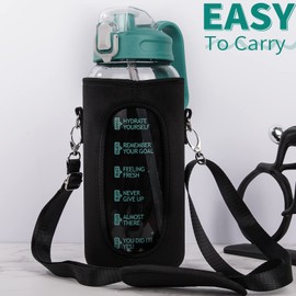 DEARRAY 64 oz Motivational Glass Water Bottle with Straw & Time Marker Half Gallon Large Reusable Water Jug BPA-free Borosilicate Drinking Bottle with Flip Top & Sleeve for Infused Water Wide Mouth