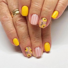 Press on Nails Simple Cute Short Square French Tip Pink Yellow Sunflower Design Fake Nails Full Cover Glossy Acrylic Glue on Nails Short Stick on Nails False Nails for Women 24Pcs W1456