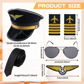 Beamely 5Pcs Airline Pilot Captain Hat Costume Accessories Set, Pilot Fancy Dress Kit with Captain Hat Armband Sunglasses Tie Gloves Cosplay Outfit for Adults Teenager Cosplay Dress up Party