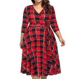 kissmay Christmas Dresses for Women, Plus Size Plaid Dress Flannel Dresses for Women 2023 Buffalo Plaid Dress 3/4 Sleeve Dresses for Wedding Guest Cocktail Party Black White Red 18 Plus