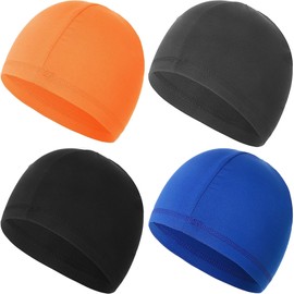 YeeHeen 4 Pieces Skull Caps Running Cycling Beanie Hats Breathable Helmet Liner Sleep Hats for Men Women I Black+Blue+Orange+Grey