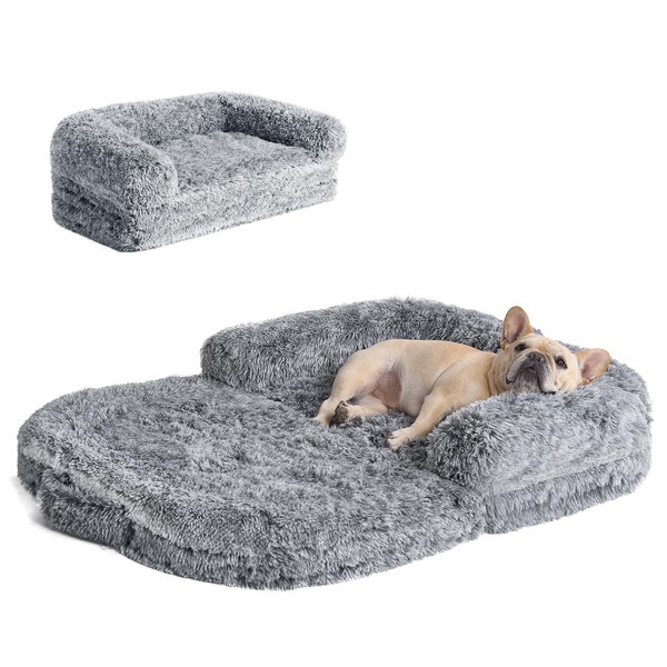 EHEYCIGA Foldable XL Dog Bed, Faux Fur Fluffy Dog Bed