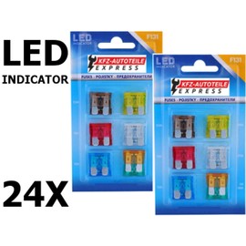 Assortment, LED status car bottle fuses, set of 24, 5A-30A, 19 mm