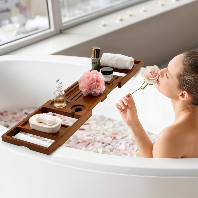 Teak Bathtub Tray, Luxury Bath Table Tray with Wine Glass