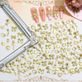RODAKY 120PCS Gold Bow Heart Nail Charms Rose Nail Art Charm Valentine's Day Nail Jewels Gems for Acrylic Nails 12 Styles Nail Decoration Accessories Manicure Design