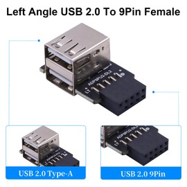 Poyiccot USB 2.0 9pin Female Motherboard Header to Dual USB 2.0 Type A Port, 90 Degree Left Angle USB Internale Mohterboard Extension Adapter for PC Bluetooth Wireless Network Card, 2-Pack