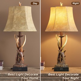 BOWOBO Antler Table Lamps Set of 2 with USB A+C Ports for Bedroom Farmhouse Deer Rustic Bedside Lamps with Faux Leather Bell Shade for Living Room End Table Hunting Themed Cabin Lamp Pull Chain
