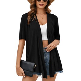 Heymoments Lightweight Cardigan for Women Summer Short Sleeve Open Front Kimonos Cardigans Black Medium Soft Drape Hem Loose Cover Up Casual Blouse Tops
