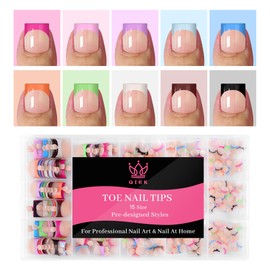 QIEK Qiek 15 Sizes 300 PCS Press on Toenails for Women, 10 Rainbow Colors Fake Toe Nail Sharp Square, Brighter Pastel French False Nails Tip Pre-applied Primer& Base Coat, Need Builder Nail Gel& Top Coat