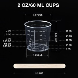 Pharamat 50 Pack 2 Ounce Plastic Graduated Cups, Transparent Scale Mixing Cups with 50 Pcs Wooden Stirring Sticks for Epoxy, Resin
