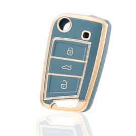 OFF WE GO Car Key Cover Case Key Fob for VW Volkswagen Golf 7 Variant Polo Tiguan Seat Leon Cupra Skoda Octavia Superb Soft TPU Full Protection Car Key Shell 3 buttons Car Key Holder Box, Blue Gold