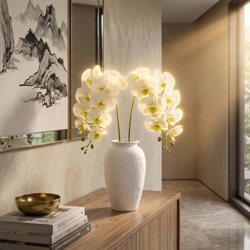 Artificial Phalaenopsis Orchids Flowers，Realistic Fake Flowers Decor，White