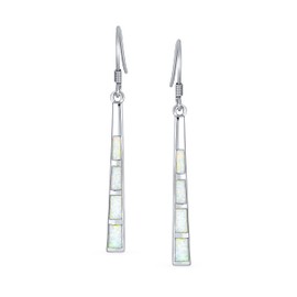 Boho Long Linear Iridescent Rainbow White Created Opal Teardrop Bar Shaped Dangle Earrings For Women Teen .925 Sterling Silver Fish Hook Wire Threader