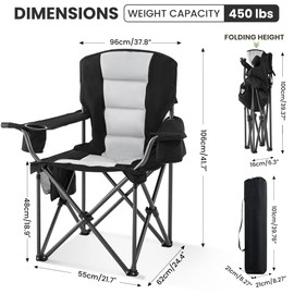Portable Camping Chair for Adults Heavy Duty 450LBS Thick 600D Oxford Fabric Outdoor Oversized Camping Chairs with Cup Holder and Ice Bag for Sports, Fishing, Lawn (Black & Light Gray)