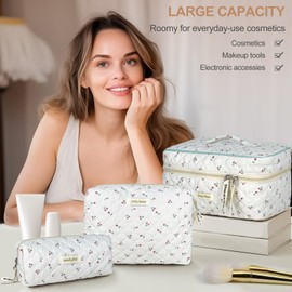 TOPALL Makeup Bag,Cosmetic Bag,Floral Cotton Quilted Makeup Bag,Classic Toiletry Bag,Cosmetic Pouch,Makeup Bag for Women Girls,Cherry 3PCS(Large+Medium+Pouch)