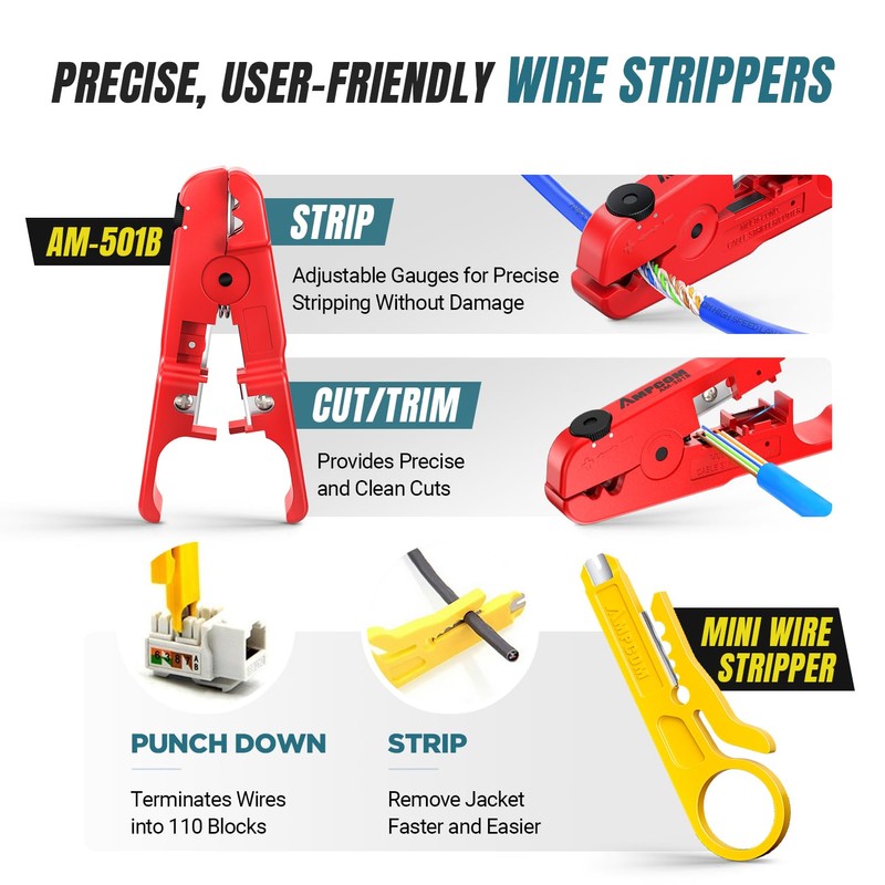 AMPCOM 8 in 1 Ethernet Crimping Tool Set for Pass