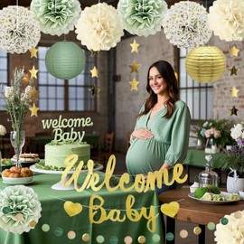 Baby Shower Decorations Neutral Sage Green Balloons Welcome Baby Banner, Paper Lanterns, Pom Poms Flowers Tassels, Circle Dots Star Garland, Neutral Gender Reveal Birthday Party Supplies