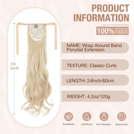 Qunlinta Ponytail Extension, Curly Pony Tails Hair Extensions Clip Ins Wrap Around Band Hair Pieces for Women Synthetic Soft Fake Ponytails Bleach Blonde