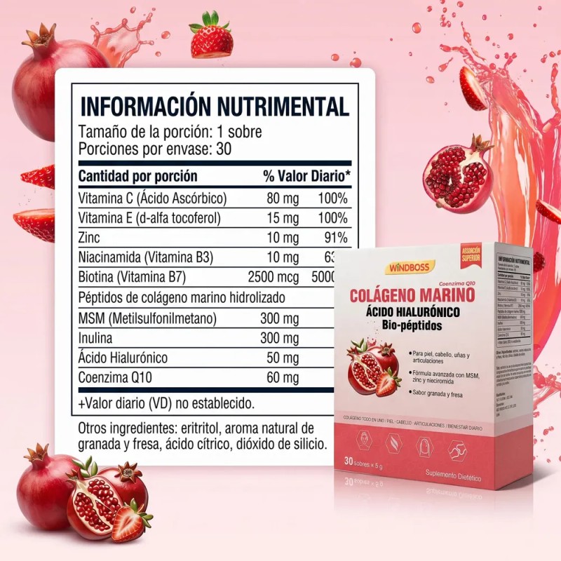 Windboss Péptidos De Colágeno Ácido Hialurónico 30 Sachets