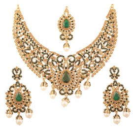New! Touchstone Indian Bollywood Desire Traditional Filigree Faux Green Emerald Color Exclusive Grand Bridal Jewelry Necklace Set in Antique Gold Tone for Women
