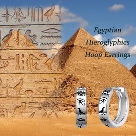 Silver Egyptian Earrings for Women - Ankh Eye Hieroglyphics Huggie Hoop Earring Egyptian Jewelry Gifts for Men