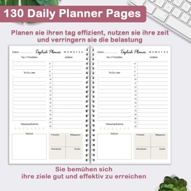 Undated Daily Planner, Notebook with To Do List, Task List, Diary Spiral Pad, 120 Pages, 148 x 210 mm, Notepads, Hard Cover, Daily Planning for Office, School Organiser, Pink