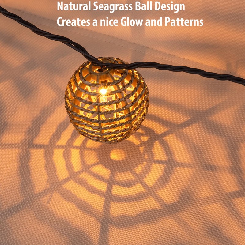 Decorative Outdoor Patio String Lights, Seagrass Rattan Wire Ball Style