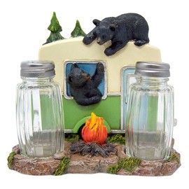 Rustic Kithcen Accessory- Black Bear in a Camper Salt and Pepper Shaker and Napkin Holder, 5 Inch (Shakers Included)