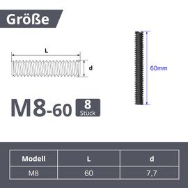 Dayalo Set of 8 threaded rods, M8 x 60 mm, threaded rod, threaded screw made of stainless steel, A2V2, black oxide, DIN976