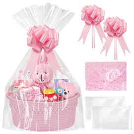 SelfTek Gift Basket Hamper Kit, Pink Rope Basket with Cellophane Bags, Raffia and Pull Bows Woven Storage Baskets Empty Gift Hamper for Baby Shower, Wedding, Birthday, 33 x 24 x 15 cm