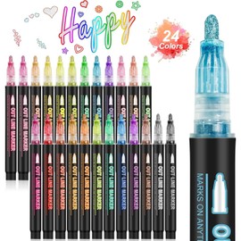 TSZCOO - 24 Colores Marcadores Metálicos de Doble Línea, plumones Mágico para Contornos, Álbumes de Fotos, Tarjetas de Felicitación,garabatos,Dibujar,Hacer Carteles