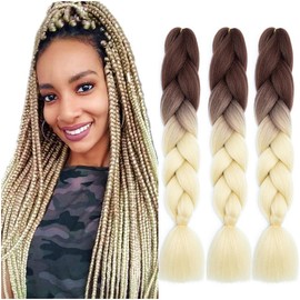 Braiding Hair Ombre Brown to Beige Braid Hair Extensions Hot Water Setting High Temperature Synthetic Fiber 24 Inches(B39-3Pack)