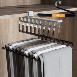 THWRAI Pull Out Pants Rack with 10 Pack Clothes Hangers Closet Organizers and Storage Space Saving Hangers, No Drilling Clothes Rack with Pants Hangers 15" Trousers Hangers