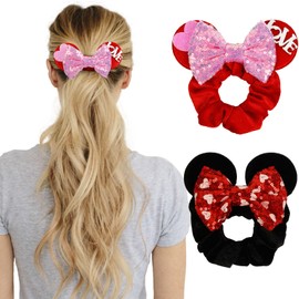 Mouse Ear Hair Scrunchies for Women, Sequins Hair Bow Scrunchies Velvet Mouse Ears Hair Ties for Ponytail Party Favors Cute Hair Accessories (Valentine's Day Mouse Ears Hair Scrunchies)