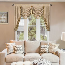 Loom and Mill Thick Chenille Waterfall Valance for Living Room, Luxury Swag Valances with Multi-Tassels & Pendant, Beige Swag Curtains for Bedroom Kitchen Dining Room Window Decor(W59Inch,1 Panel)
