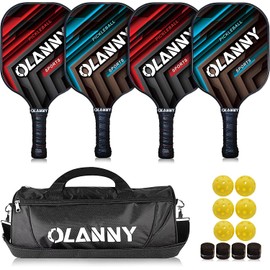 OLANNY Pickleball Paddles Set | Includes 4 Pickleball Paddles + 6 Balls+ 4 Replacement Soft Grip + 1 Portable Carry Bag | Premium Rackets Face & Polymer Honeycomb Core